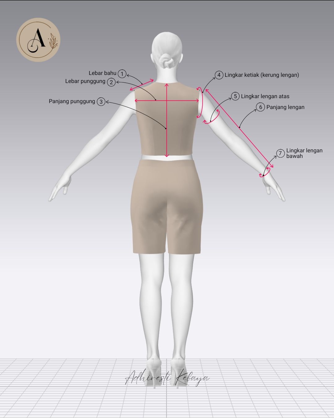 Diagram format ukuran kebaya bagian belakang