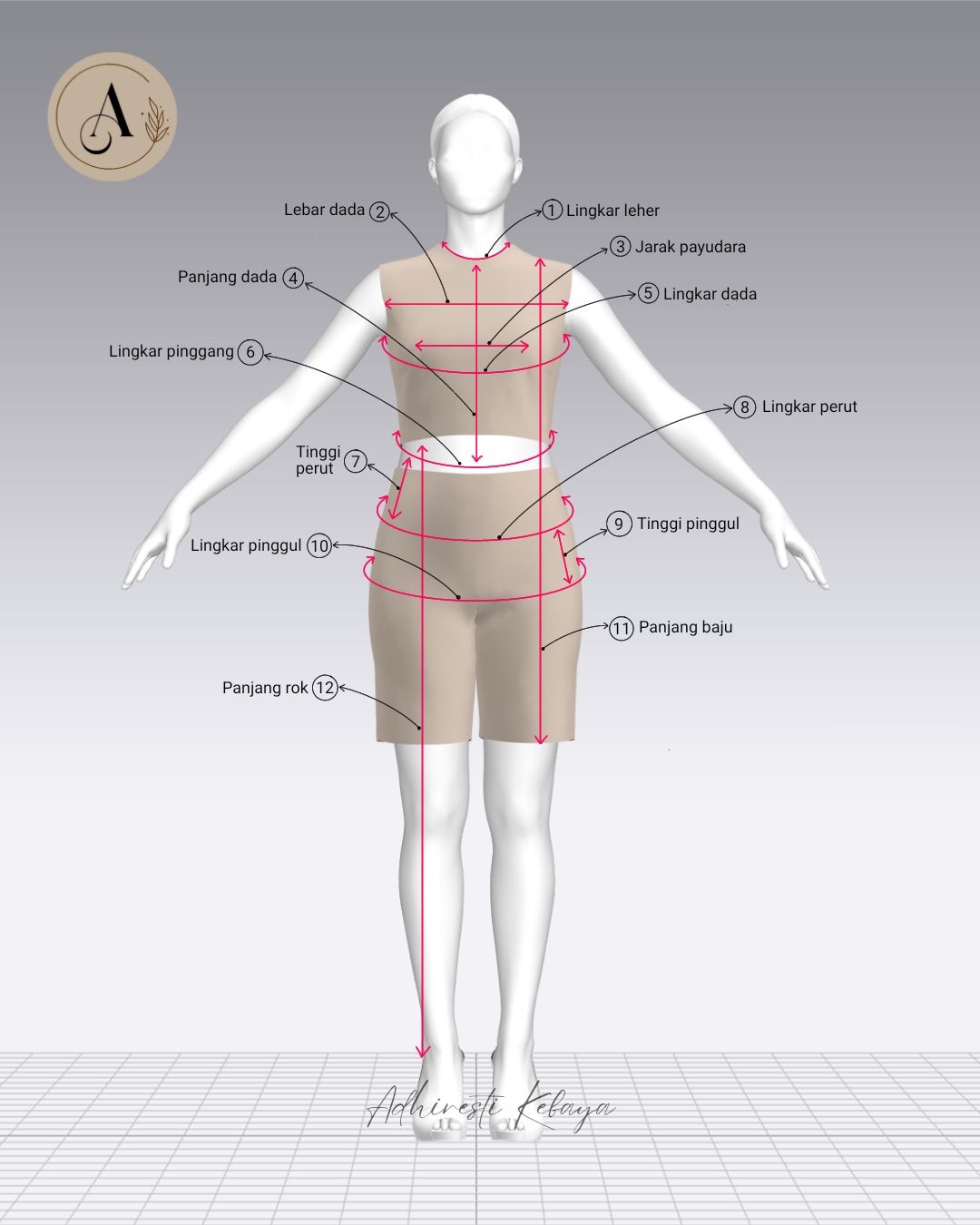 Diagram format ukuran kebaya bagian depan